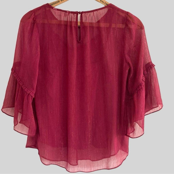 Y2K Flare Sheer Top XS Burgundy & Gold Thread Princess Bell Sleeve Whimsigoth - Picture 3 of 4